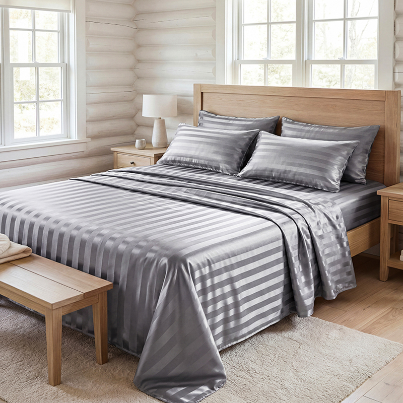 Fitted Sheet Deep - Kreukvrije gestreepte satijnen beddengoedset, verkoelende zijdezachte